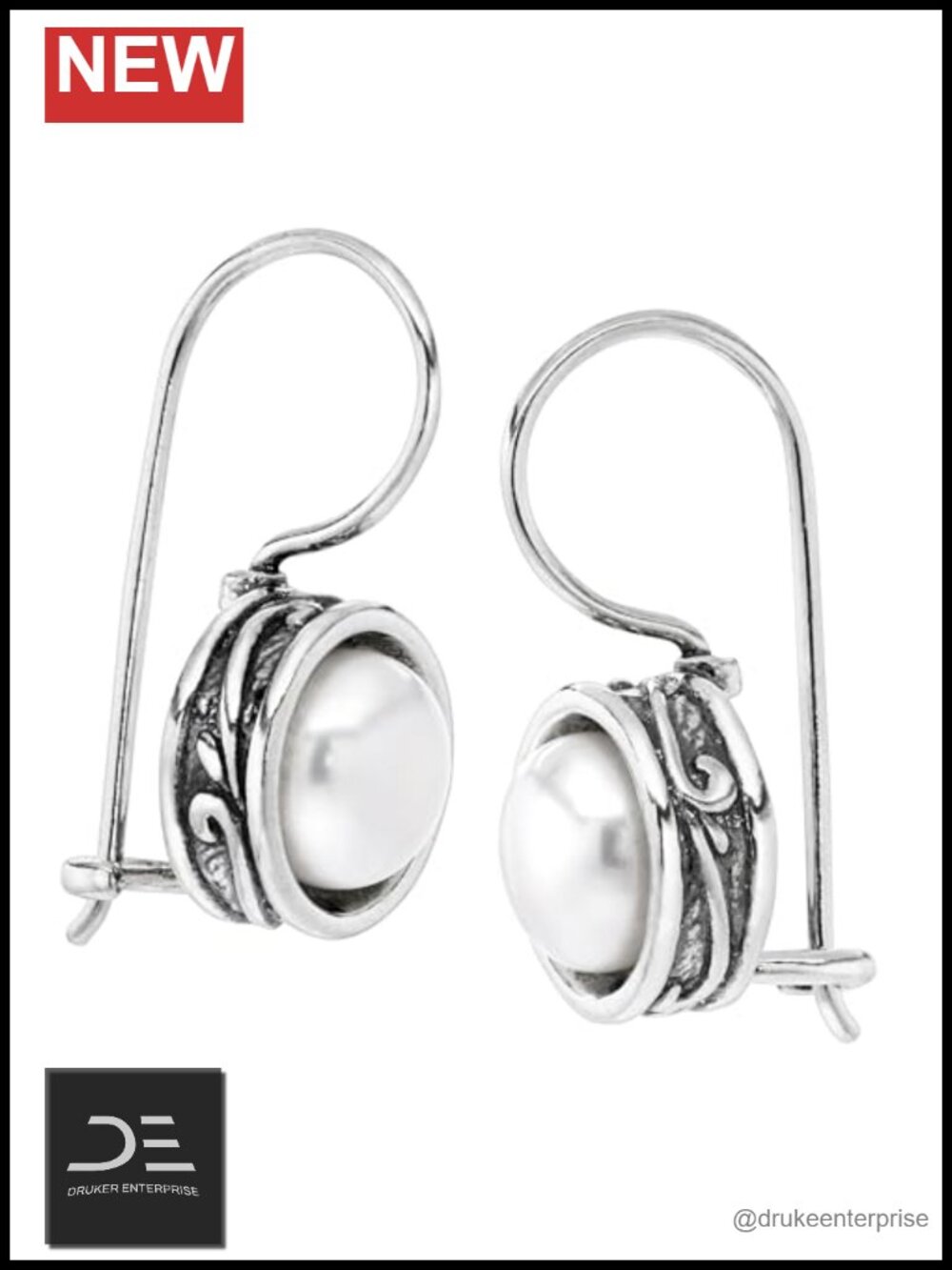 Freshwater Pearl Drop Earrings .925 Sterling Silver Dangle Earrings 8mm